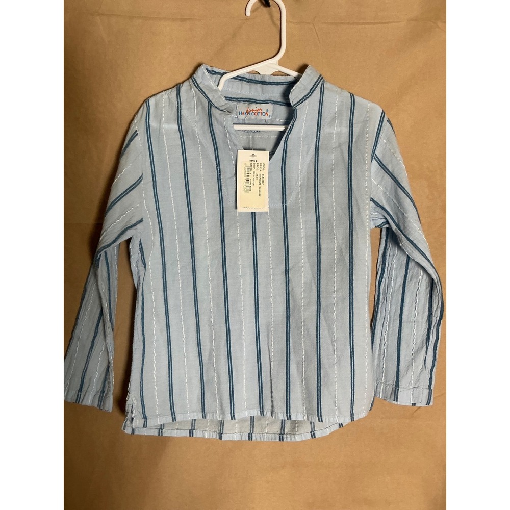 Haris Cotton Blouse Junior 4 Light Blue New Striped Split Neck Made in Greece